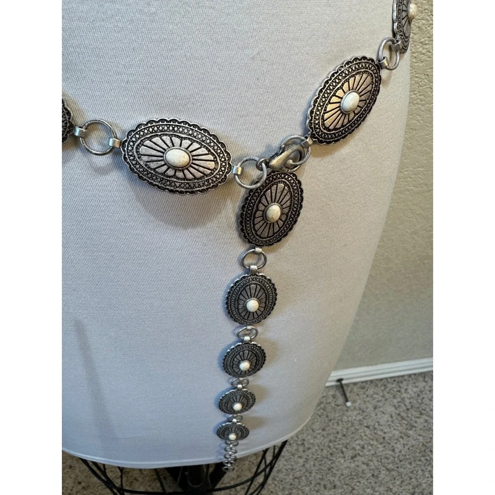 Silver Tone Oval Concho Chain Belt Faux White Turquoise Stone Western Boho NEW